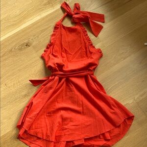 Vibrant Coral backless Ruffled Halter Dress